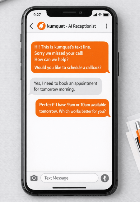 A phone showing a kumquat text conversation: a missed call answered by text and an appointment booked.